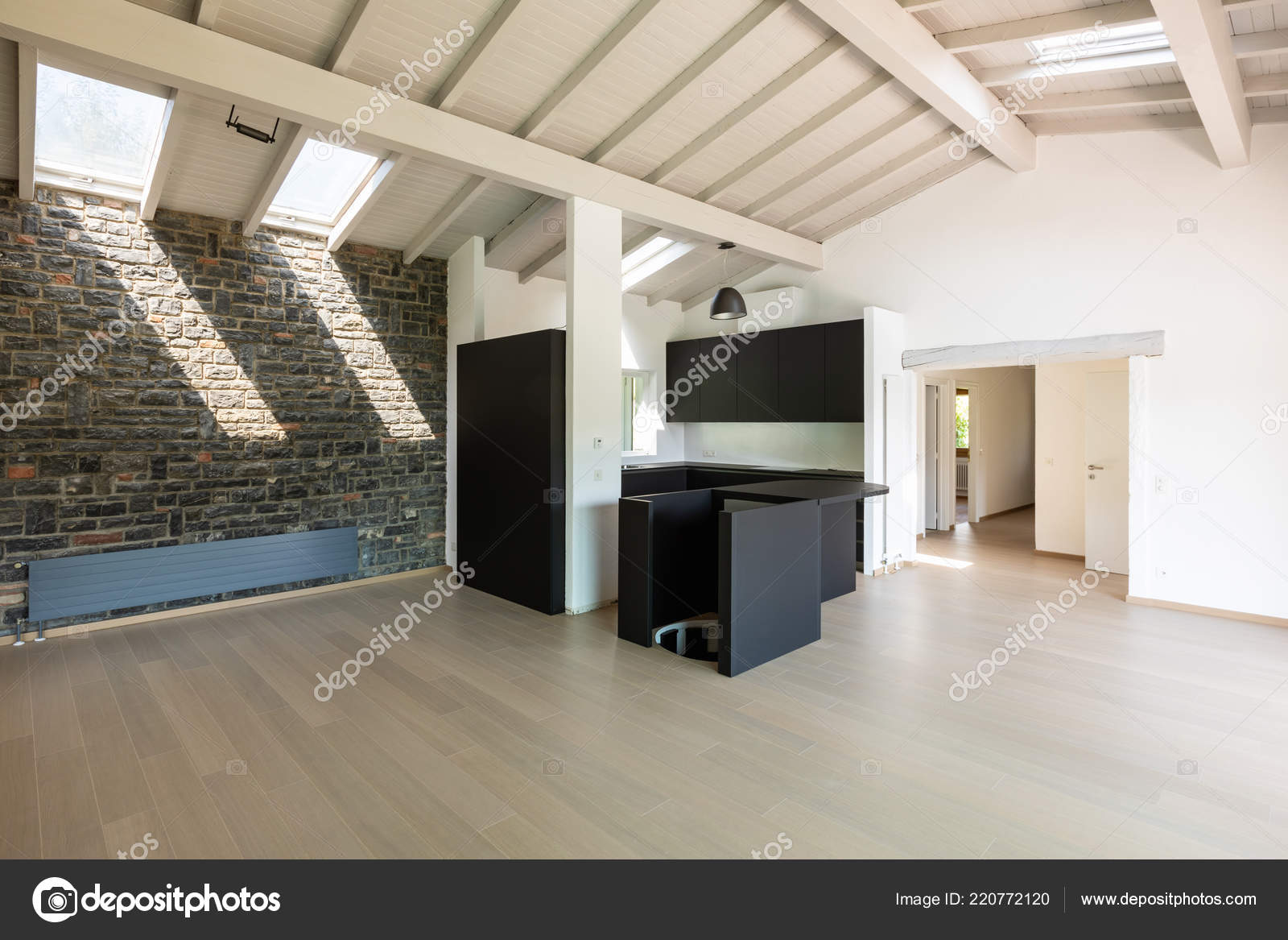 Empty Living Room Dark Kitchen Island Wooden Beams Stock