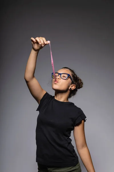 Portrait Teen Glasses Studio While Playing Chewing Gum Copy Space — Stock Photo, Image