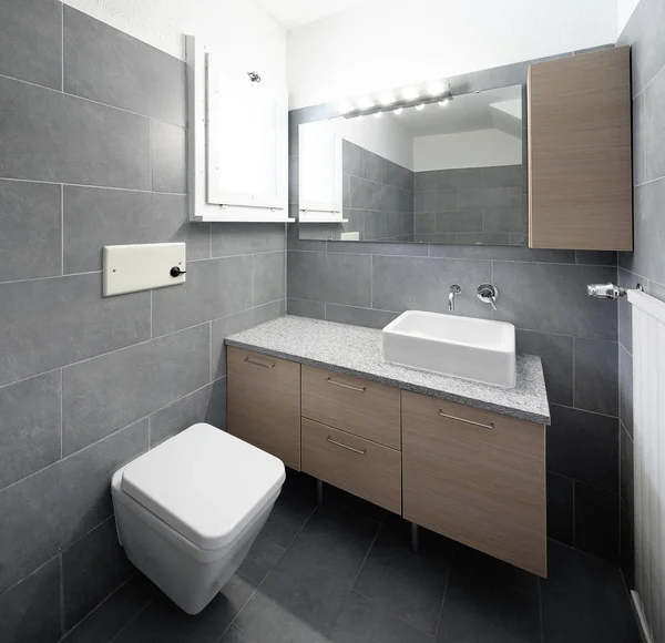 Banheiro Com Azulejos Cinzentos Ninguém Dentro — Fotografia de Stock