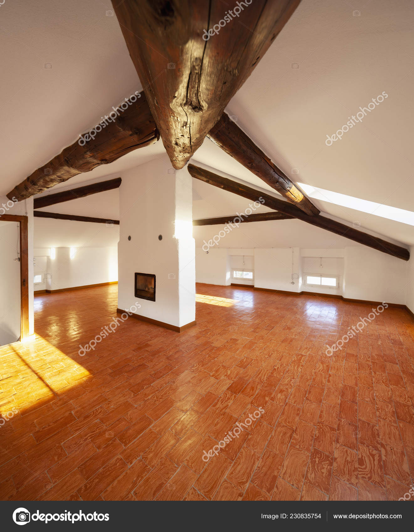 Attic Exposed Wooden Beams Fireplace Center Room Nobody Stock