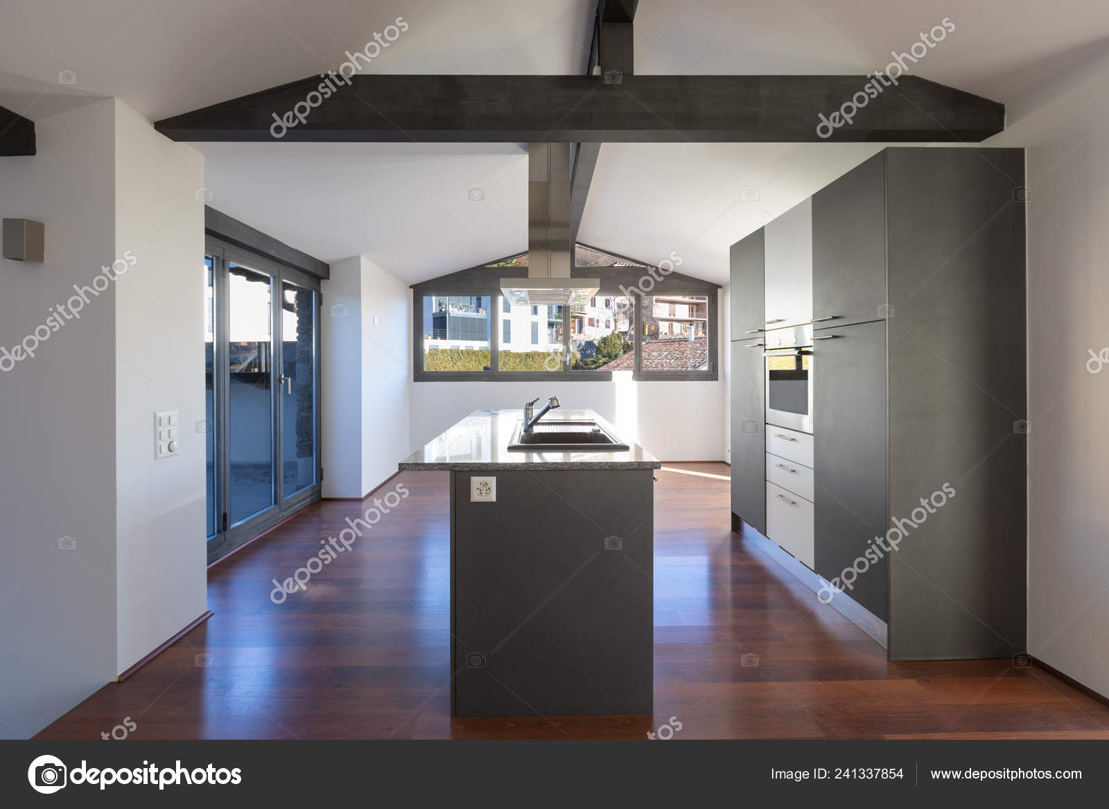 Modern Kitchen Island Renovated Apartment Dark Colored Wooden