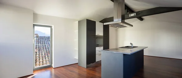 Modern Kitchen Island Renovated Apartment Dark Colored Wooden Floor Everything — Stock Photo, Image