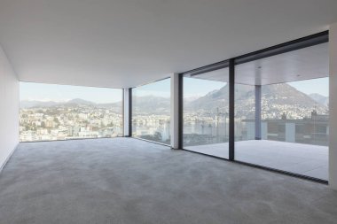 Yapım aşamasında şehir manzaralı lüks daire. İçeride, beton zemin kimse yok