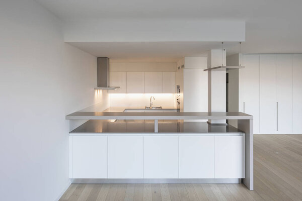 Modern kitchen with large hood and parquet. Nobody inside