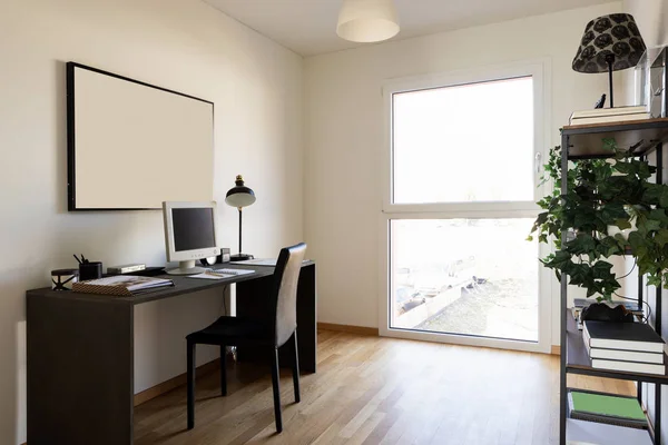 Office with parquet floor, minimalist bookcase with magazines ab — Stock Photo, Image