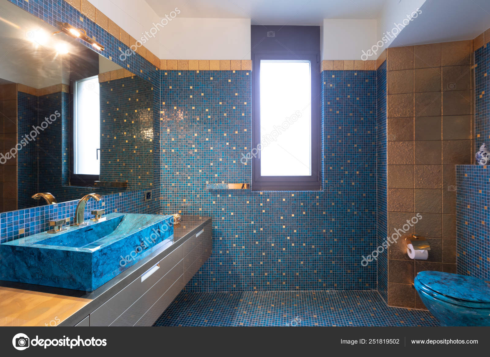 Bathroom With Blue Mosaic And Large Mirror Stock Photo C Zveiger 251819502