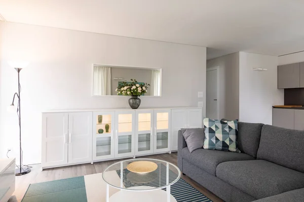 Obývací pokoj s šedou pohovkou. Moderní místnost a bílé zdi — Stock fotografie