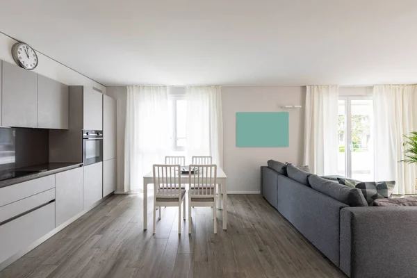 Ruang tamu dengan sofa abu-abu. Modern kamar dan dinding putih — Stok Foto