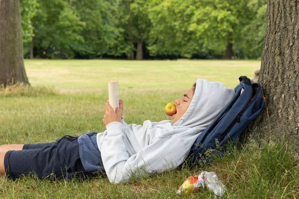 Young boy reads a book and eats an apple at the park — Stock Photo, Image