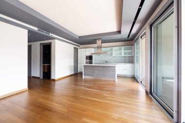 Mutfak adası ile oturma odası, modern daire