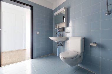 Vintage mavi fayans ile banyo. Lavabo ve tuvalet