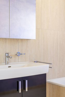 Lavabo ve ayna ile taşınabilir detay duvardaki leylağı yansıtıyor