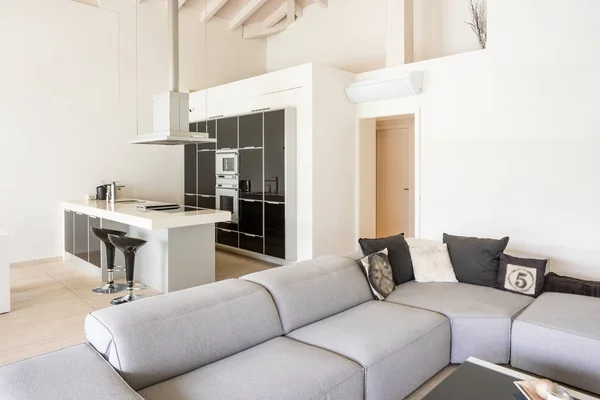 Moderna sala de estar con sofá bajo y blanco y negro ingenio cocina — Foto de Stock