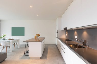 Modern bir apartmanın mutfağının içinde. İçeride kimse yok..