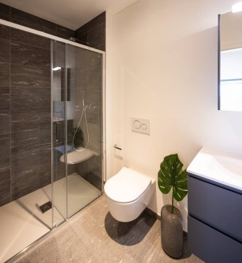 Banyonun içinde, duşlu ve yeşil bir bitkinin yaprağı var..