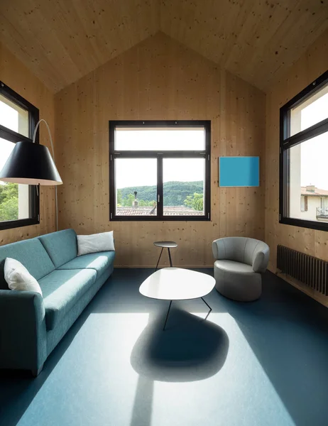 Rustieke Zwitserse Interieur Met Muren Muren Gemaakt Van Houten Planken — Stockfoto