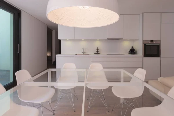 Vooraanzicht Glazen Tafel Met Design Stoelen Witte Minimale Moderne Keuken — Stockfoto