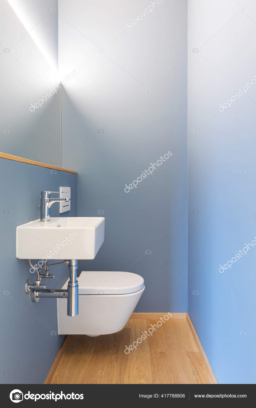 Front View Modern Light Blue Bathroom Sink Mirror Led Light Stock Photo