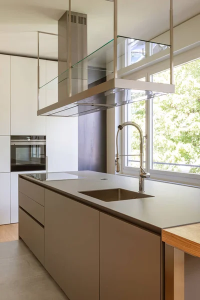 Moderne Küche Mit Abzugshaube Großer Spüle Backofen Und Holzarbeitsplatte Design — Stockfoto