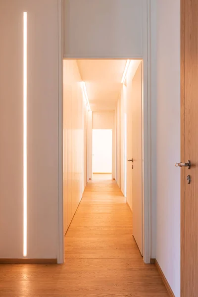 Corridor Detail Met Deur Ledstrip Minimaal Appartement Niemand Binnen Concept — Stockfoto