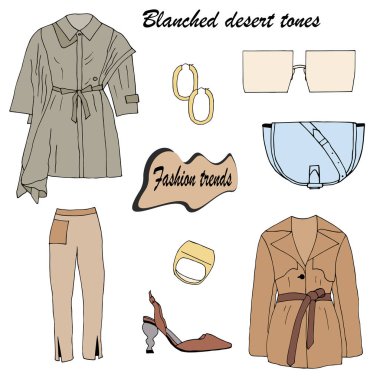Moda trendi: kıyafetleriçinde çöl tonları. Podyum moda: göz alıcı siperler, pantolon, ayakkabı, çanta, küpe, yüzük, ilkbahar ve yaz için güneş gözlüğü. Beyaz arka planda yalıtılmış nesneler. - Vektör