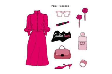 Moda trendi: giysi pembe tavus kuşu. Podyum moda: çekici elbise, ayakkabı, çanta, küpe, yüzük, güneş gözlüğü, parfüm, ilkbahar, yaz için ruj. Beyaz arka planda yalıtılmış nesneler. Vektör