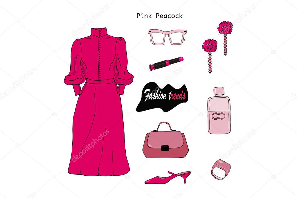 Fashion trend: pink peacock in clothes. Catwalk fashion: glamorous dress, shoes, bag, earrings, ring, sunglasses, perfume, lipstick for spring, summer. Isolated objects on white background. Vector