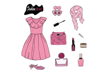 Moda trendleri: tatil için pembe pastel renklerde şaşırtıcı görünüm, seyahat. Beyaz arka planda izole nesneler: karıştırır ile pembe elbise, frills, kalp şeklinde küpe, çanta, eşarp, makyaj kiti. 