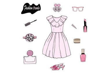Moda trendleri: tatil için pembe pastel renklerde inanılmaz moda görünüm, seyahat. Beyaz arka planda izole nesneler: fırfırlar, fırfırlar, küpe, bel çantası, maskara ile pembe elbise. Vektör
