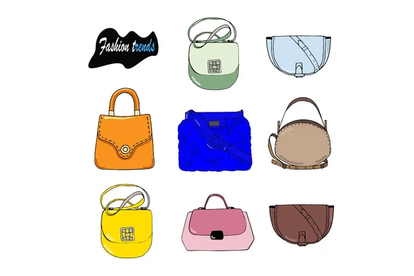 Tendances Mode Sacs Étonnants Orange Vif Jaune Rose Vert Bleu — Image vectorielle