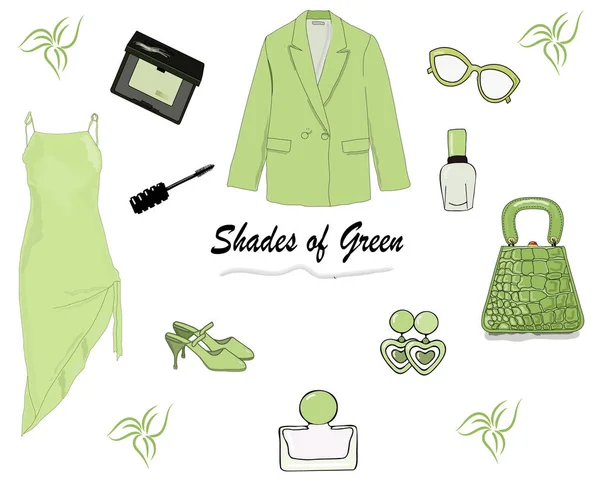 ファッショントレンド トレンディな服の緑の柔らかい色合い ジャケット イブニングネクタイドレス バッグ アクセサリー メガネ イヤリング 化粧品 アイシャドウ — ストックベクタ