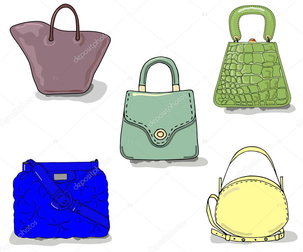 Fashion trends: awesome bags in pastel yellow and bright green, dark blue colors for traveling, vacation and business. Isolated objects on white background. Vector