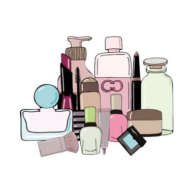 Bir eyeliner, pastel mavi göz farları, siyah maskara, güzellik şişeleri ile güzel bir makyaj yapmak için trendy bir kadın için bir güzellik kiti. Yumuşak çığlıklar ve herhangi bir fırsat ve olay için parlatır. Vektör.