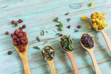 Kurutulmuş otlar, çiçekler ve bitki çayı için çilek. Üst görünüm, kopya baharat.