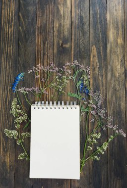 Yaz konsepti. Koyu ahşap arka plan üzerinde açık bir defter ve kurutulmuş çayır bitkileri. Düz döşeme, üst görünüm, kopya kaydet.