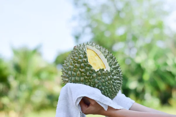 Asya genç kadın bir doğa arka plan taze durian tutan.