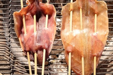 Kömür ocağında ızgara kalamar, kışın kamp, savaş için yiyecek.