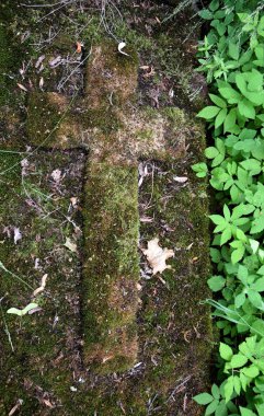 Eski yosunlu haç mezar taşı