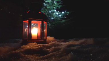 Christmas kırmızı parlayan fener yakın çekim yaprak dökmeyen ağaç