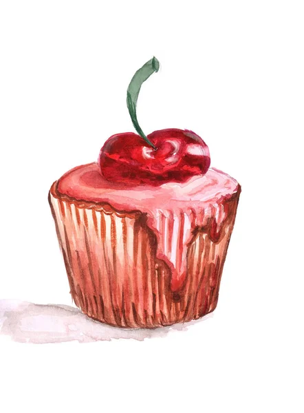 一块甜的蛋糕和樱桃糖浆 樱桃蛋糕手绘涂鸦的图像 — 图库照片