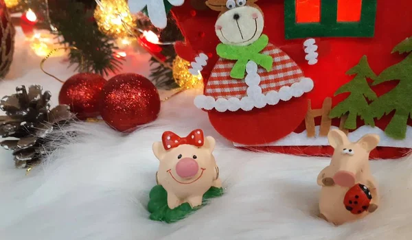 圣诞快乐 新年快乐 中国新的一年的猪 象征2019年的问候卡 软选择性对焦 玩具猪在云杉的枝条 带复制空间的背景 选择性对焦 — 图库照片