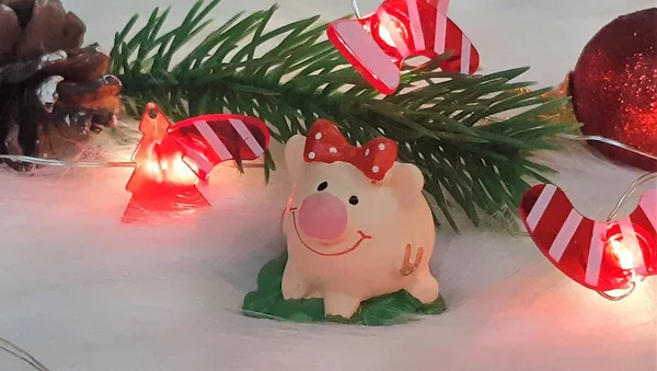 Mutlu Noeller ve mutlu yeni yıl. Domuz, sembol 2019 tebrik kartı için Çin yeni yılı. yumuşak seçici odak. Ladin dallarında oyuncak domuz. Arka plan kopya alanı ile. Seçici odak.