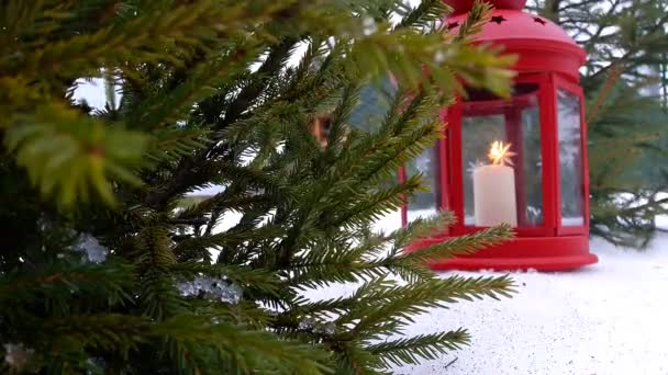 Kerst lantaarn close-up. Kerst rode lantaarn staat unde onder een spar-kerstboom. Windlicht met kaars op sneeuw 's avonds branden. Getinte foto — Stockvideo