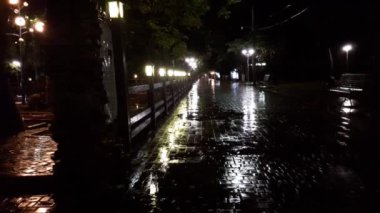 Yağmurlu gece parkta. Yağmurlu gece, güçlü yağmur düşüyor, yağmur, gece yağmur sonra sokak ışıkları güzelliği ile karanlık manzara