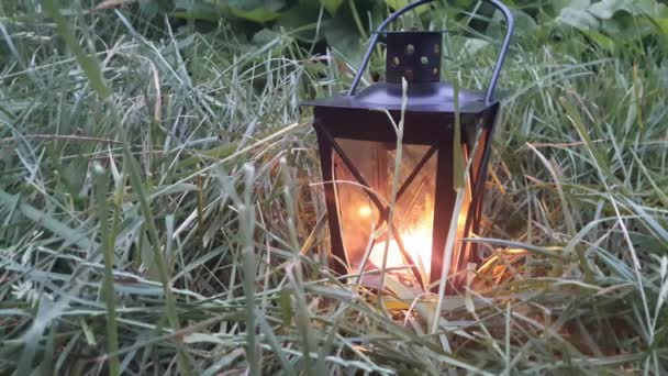 Vintage lantern at night. lantern in the green grass. Candles in glasses on green grass. Close-up. — Stock Video