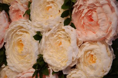 Ziyafet salonu düğün çiçekleri ile süslenmiş. Düğün dekorasyonu, sofra, çiçek düzenlemeleri 