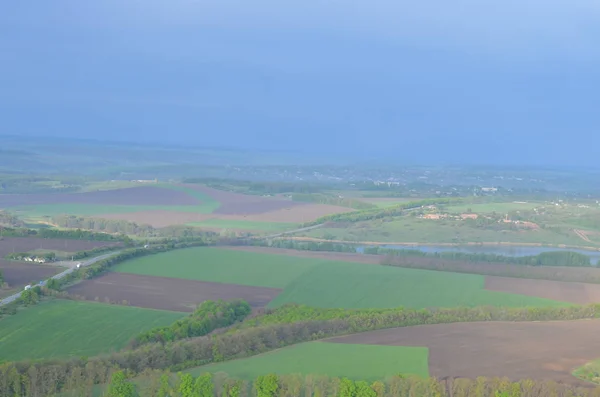 Natuur Landschap Groen Gras Bomen Uitzicht Van Bovenaf Blauwe Lucht — Stockfoto