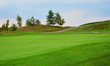 Çimenli yeşil golf sahası. Doğa arkaplanı