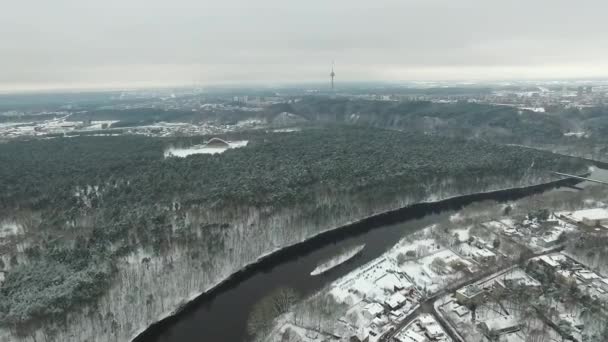 Вид Повітря Над Містом Біля Річки Лісової Зими — стокове відео