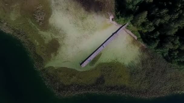 Atterrissage Vertical Lent Sur Lac Avec Petit Pont Près Forêt — Video